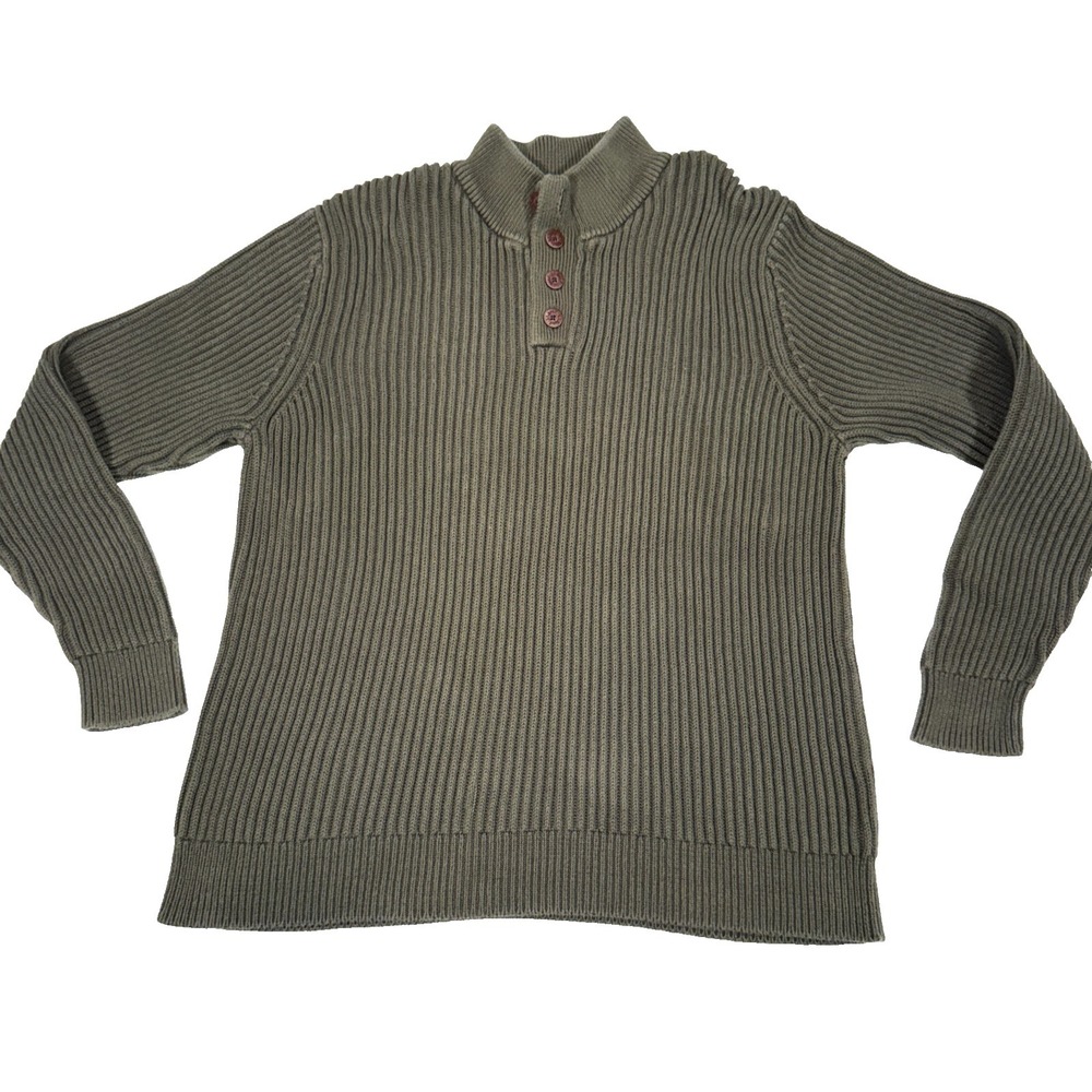 L.L. Bean Sweater Mens 2XL Green Ribbed Fisherman Heavy Cotton Henley Outdoor